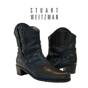 Rare Stuart Weitzman Studded Moto Cowboy Ankle Boots Black Leather 7